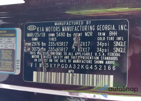 2019 Kia Sorento 2.4L Lx from USA, damaged, VIN 5XYPGDA32KG452166